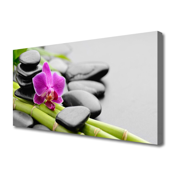 Canvas Wall art Bamboo tube flower stones art green pink black