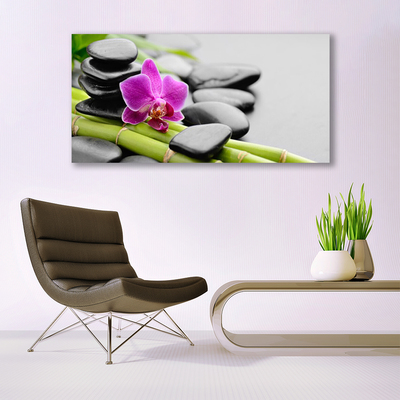 Canvas Wall art Bamboo tube flower stones art green pink black