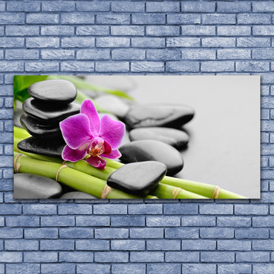 Canvas Wall art Bamboo tube flower stones art green pink black