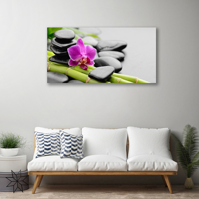 Canvas Wall art Bamboo tube flower stones art green pink black