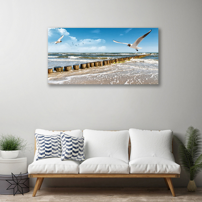 Canvas Wall art Seagulls sea landscape grey blue white