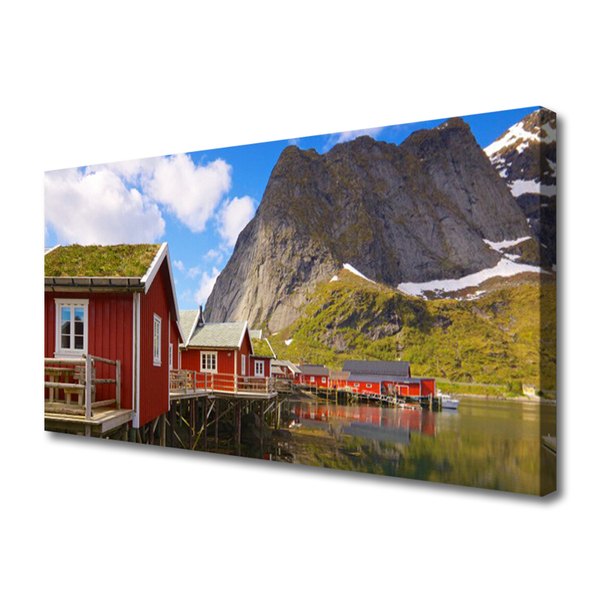 Canvas Wall art Houses lake mountains landscape brown white green grey