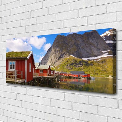 Canvas Wall art Houses lake mountains landscape brown white green grey