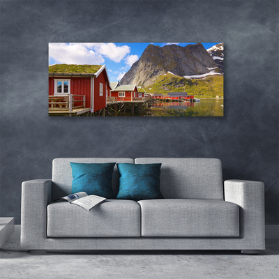 Canvas Wall art Houses lake mountains landscape brown white green grey