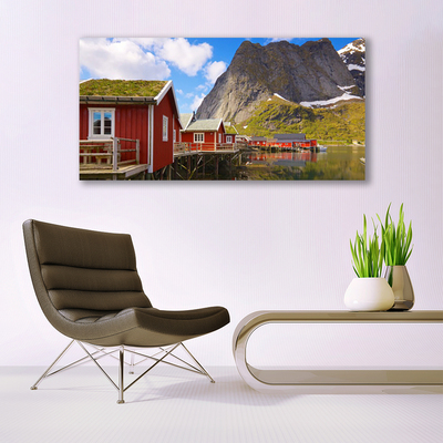 Canvas Wall art Houses lake mountains landscape brown white green grey