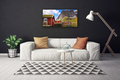 Canvas Wall art Houses lake mountains landscape brown white green grey