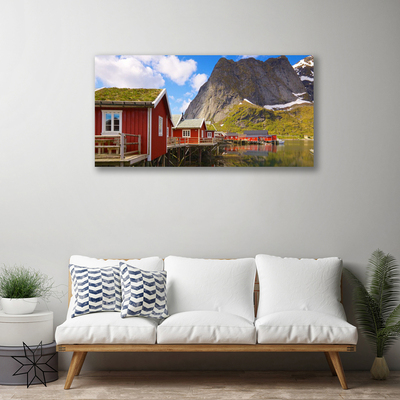 Canvas Wall art Houses lake mountains landscape brown white green grey