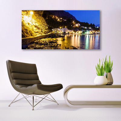 Canvas Wall art Mountain beach landscape yellow purple green