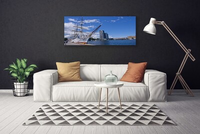 Canvas Wall art Boat sea town landscape white brown blue