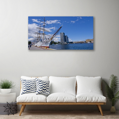 Canvas Wall art Boat sea town landscape white brown blue