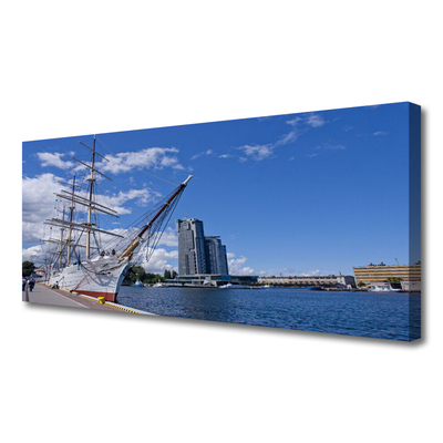 Canvas Wall art Boat sea town landscape white brown blue