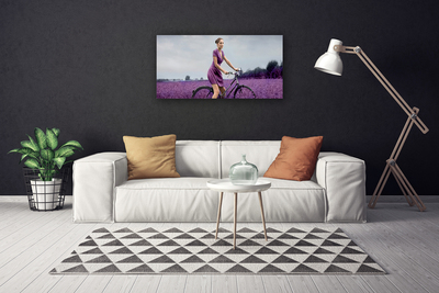 Canvas Wall art Woman bicycle meadow people pink