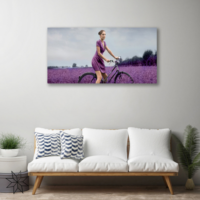 Canvas Wall art Woman bicycle meadow people pink