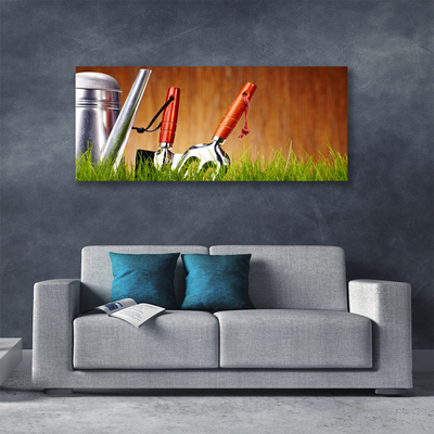 Canvas Wall art Watering can grass art silver green