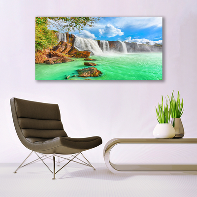 Canvas Wall art Waterfall lake landscape blue brown white green