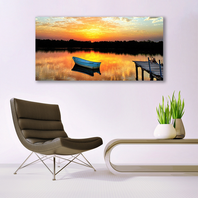 Canvas Wall art Boat bridge lake landscape white grey yellow black
