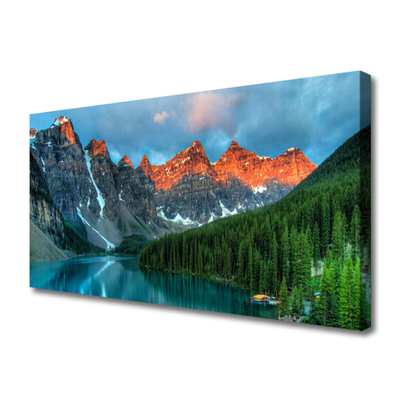 Canvas Wall art Mountain forest lake landscape blue green grey yellow