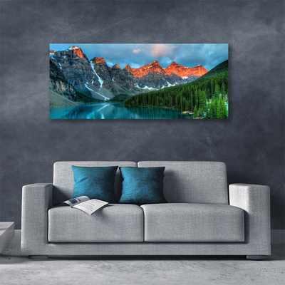 Canvas Wall art Mountain forest lake landscape blue green grey yellow