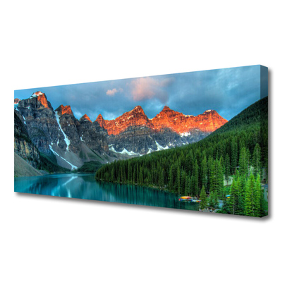 Canvas Wall art Mountain forest lake landscape blue green grey yellow