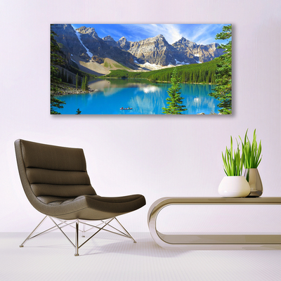 Canvas Wall art Lake mountain forest landscape blue green grey white