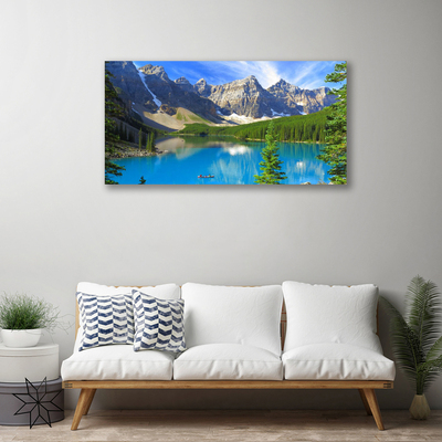 Canvas Wall art Lake mountain forest landscape blue green grey white