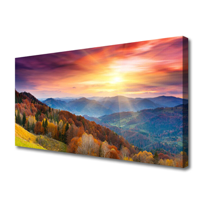 Canvas Wall art Mountain forest yellow landscape green blue yellow pink