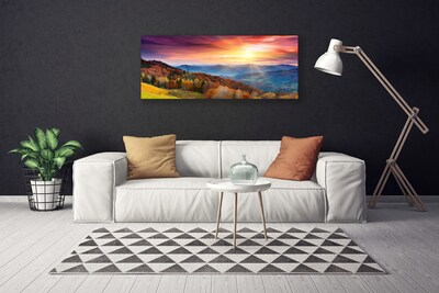 Canvas Wall art Mountain forest yellow landscape green blue yellow pink