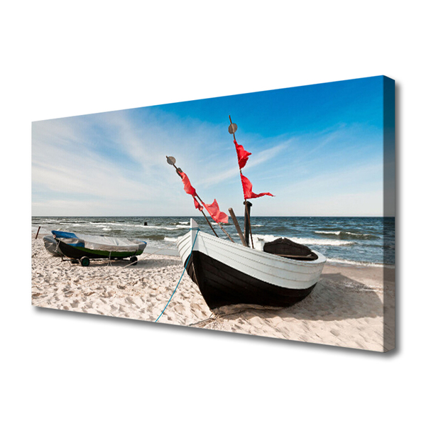 Canvas Wall art Boats beach landscape white black brown blue