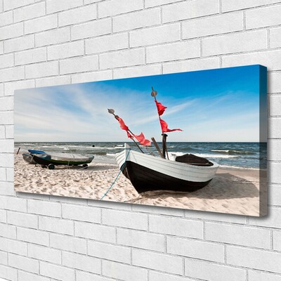 Canvas Wall art Boats beach landscape white black brown blue