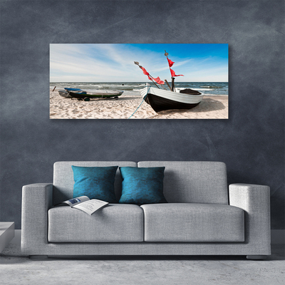 Canvas Wall art Boats beach landscape white black brown blue