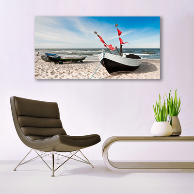 Canvas Wall art Boats beach landscape white black brown blue