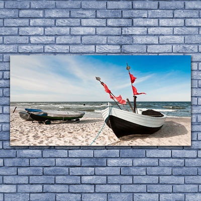 Canvas Wall art Boats beach landscape white black brown blue