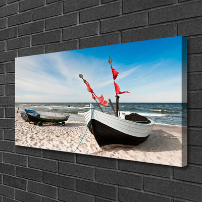 Canvas Wall art Boats beach landscape white black brown blue