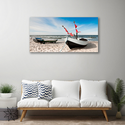 Canvas Wall art Boats beach landscape white black brown blue