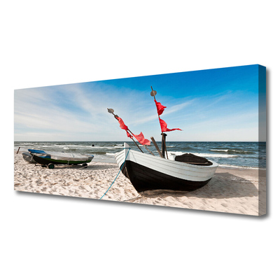 Canvas Wall art Boats beach landscape white black brown blue