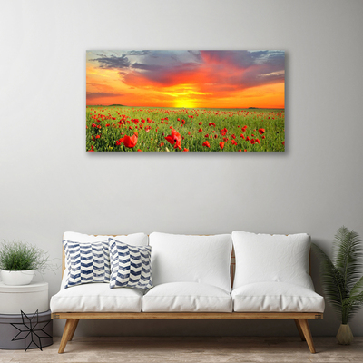 Canvas Wall art Poppies sun nature red green yellow grey