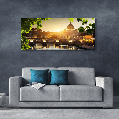 Canvas Wall art Bridge city leaves architecture green yellow brown