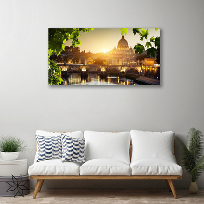 Canvas Wall art Bridge city leaves architecture green yellow brown