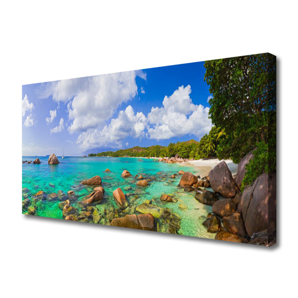 Canvas Wall art Sea stones trees landscape blue grey green brown