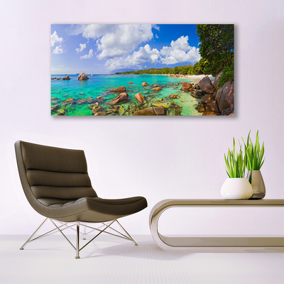 Canvas Wall art Sea stones trees landscape blue grey green brown