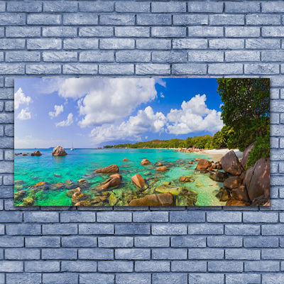 Canvas Wall art Sea stones trees landscape blue grey green brown