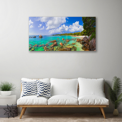 Canvas Wall art Sea stones trees landscape blue grey green brown