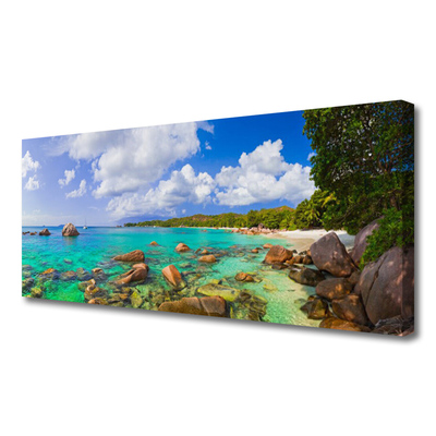 Canvas Wall art Sea stones trees landscape blue grey green brown