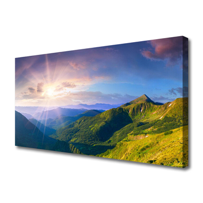 Canvas Wall art Mountain meadow sun landscape yellow grey green purple