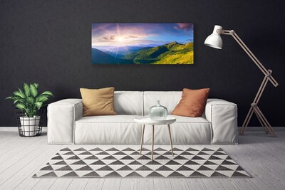 Canvas Wall art Mountain meadow sun landscape yellow grey green purple