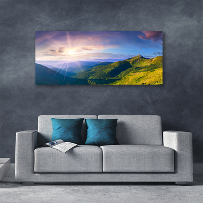 Canvas Wall art Mountain meadow sun landscape yellow grey green purple