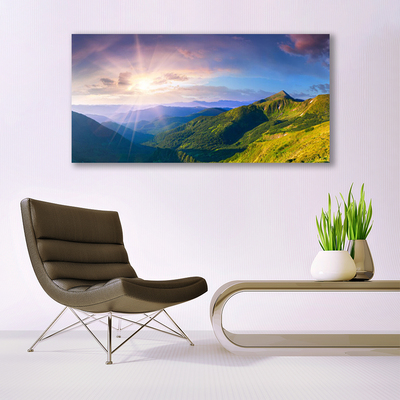 Canvas Wall art Mountain meadow sun landscape yellow grey green purple