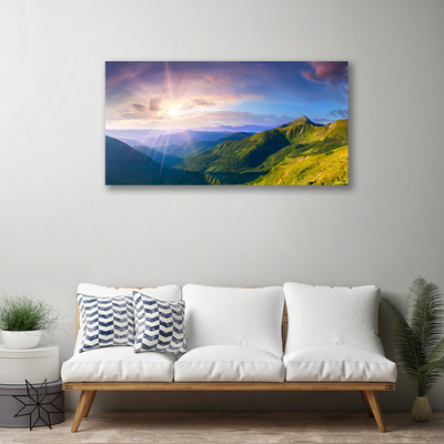 Canvas Wall art Mountain meadow sun landscape yellow grey green purple