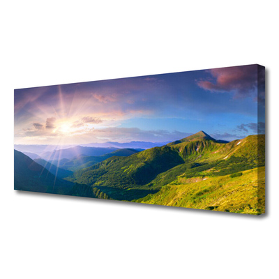 Canvas Wall art Mountain meadow sun landscape yellow grey green purple