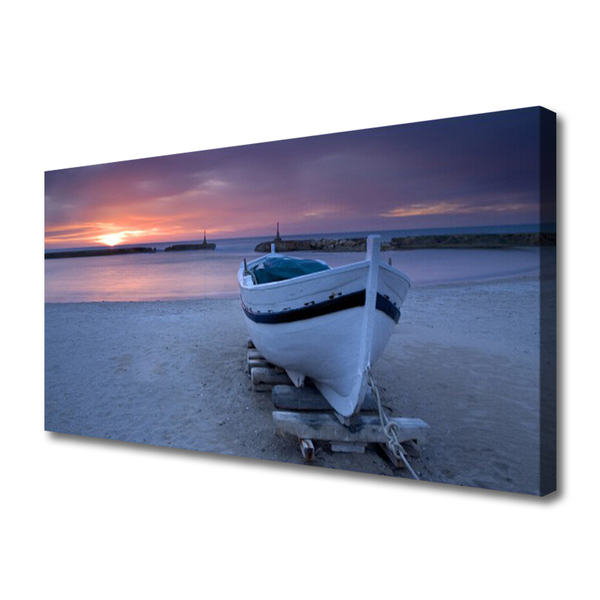 Canvas Wall art Boat beach sea sun landscape white black yellow grey